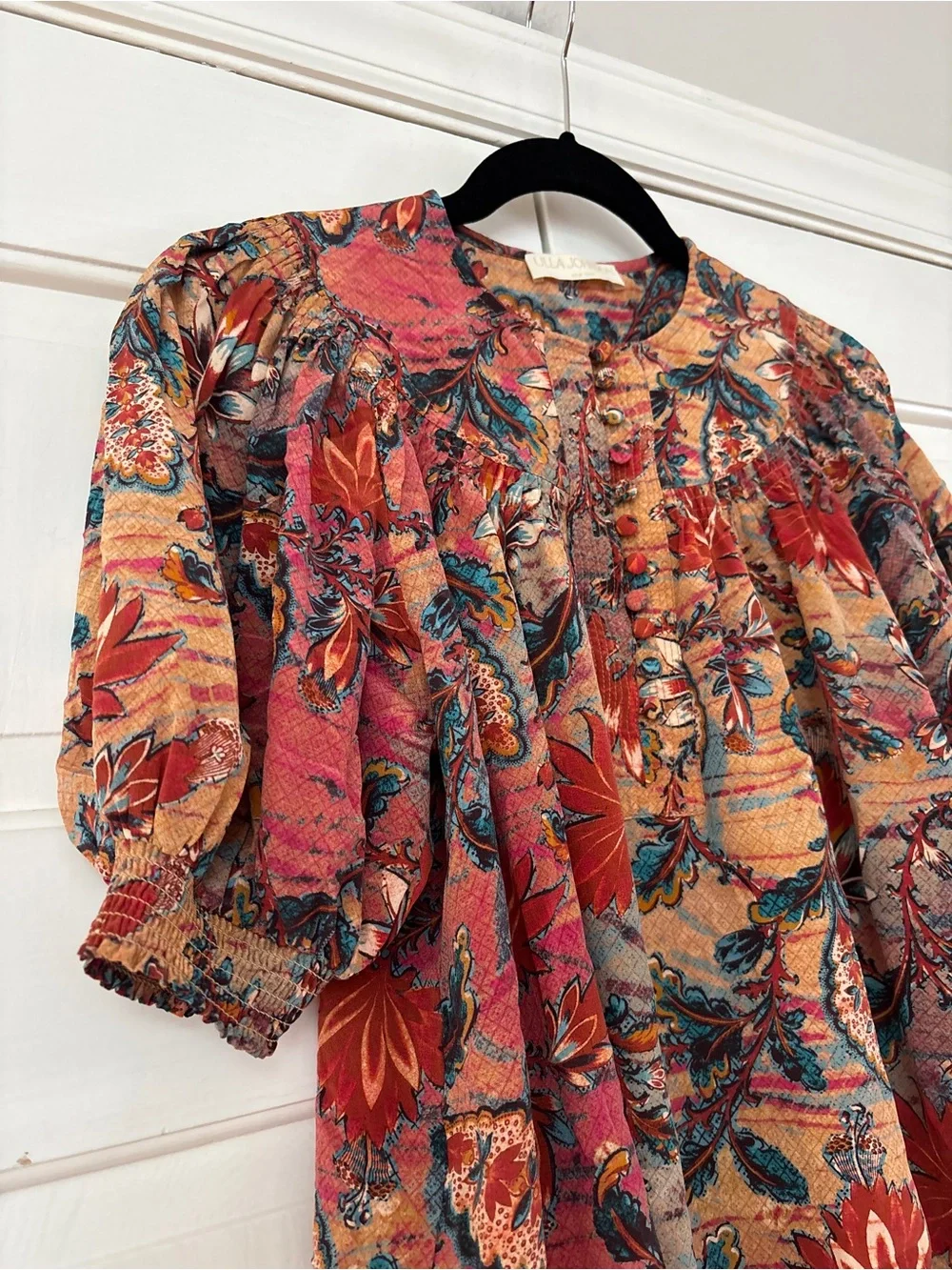 ULLA JOHNSON Dina Top in‎ Coral Bloom Size 2 Puff Sleeve Bib Collar 100% Silk